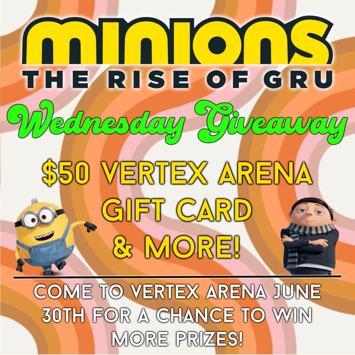 vertexarena's tweet photo. Wednesday Giveaway: Minions The Rise Of Gru!
Want a chance to win a $50 Vertex Arena gift card? Here’s what you’ve got to do:
1. Like this post
2. Tag a friend

Get more opportunities to win this Thursday June 30th where we’re giving away more #theriseofgru prizes at Vertex Arena https://t.co/qxrU7wlMh2