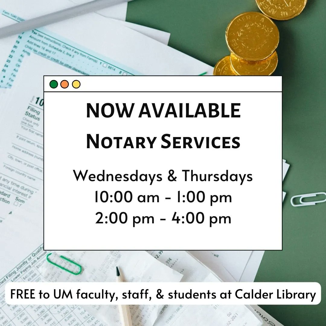 CalderMedLib's tweet image. Calder Library is now offering notary services to UM patrons. Come by to the front desk on the 1st floor of the library to get papers notarized. 

#CalderLibrary #UMLibraries #LibraryServices