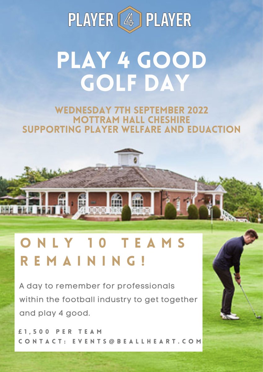 Player4PlayerFC's tweet photo. ⛳️🏌‍♀️Get one of the remaining teams for our golf day at Mottram Hall, Cheshire in September to raise money for good causes. 

Open to players &amp; friends. 

Contact events@beallheart.com for more info. https://t.co/WtaGKUYOIe