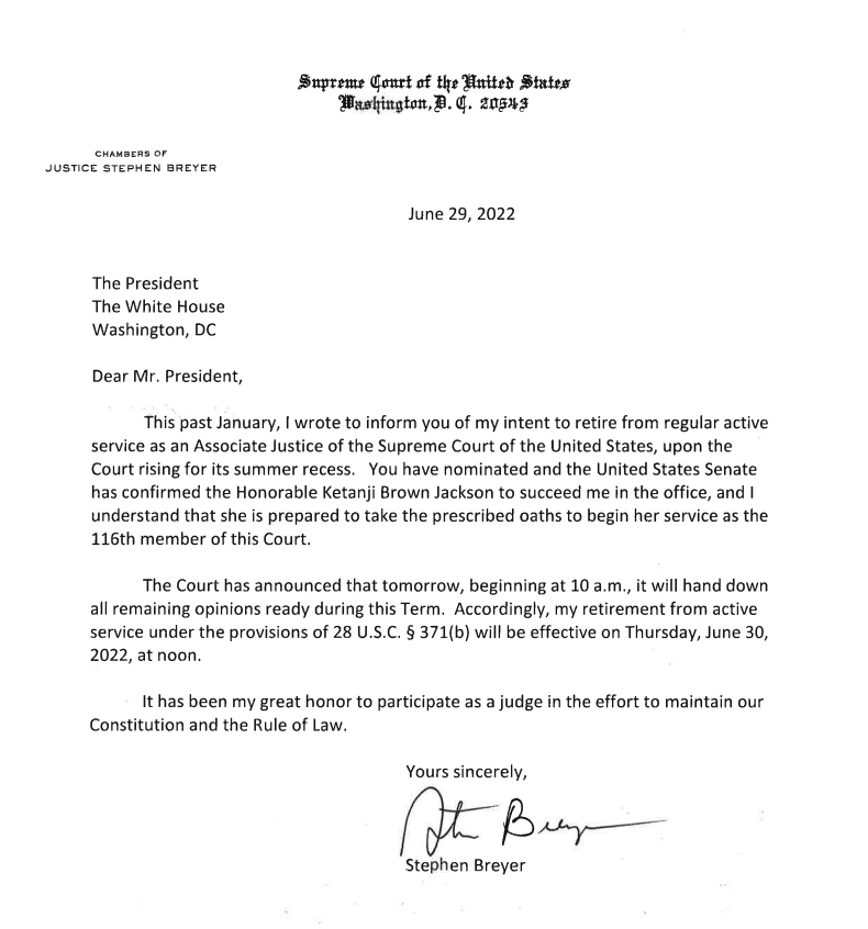 KimberlyRobinsn's tweet photo. NEW: Breyer says his retirement will be effective tomorrow at noon. The move clears the way for soon-to-be-Justice Ketanji Brown Jackson to be sworn in as the 116th member of #SCOTUS. https://t.co/Bd69mvzDNm