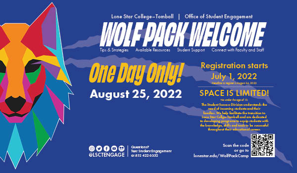 LSCTEngage's tweet photo. One Day Only! If you are new to LSC-Tomball, make sure to sign up for Wolf Pack Welcome. 

#Welcomeweek #Premiereweek #LSCT #Lonestar #Tomball #fall2022 https://t.co/ps5OsSTB99