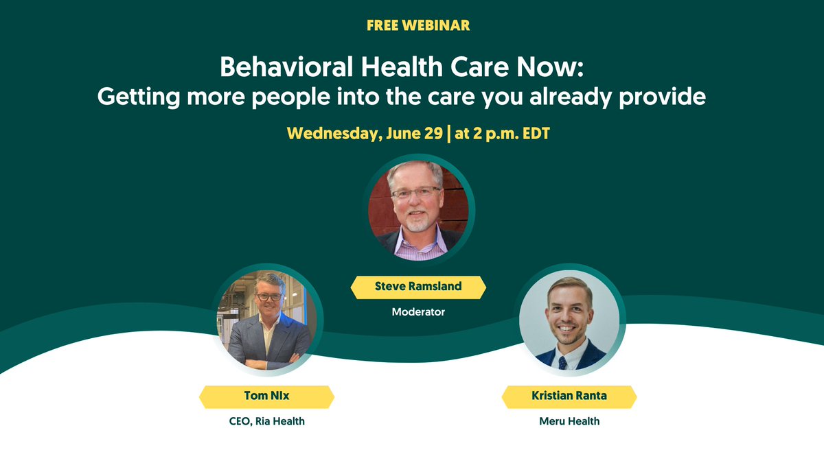Ria Health (@riahealthsf) on Twitter photo Today at 2pm EDT, join us for a great opportunity to hear how two CEOs help #payers and #employers leverage #digitalhealth to address #mentalhealth and #substanceusedisorders
With @steveramsland, @tomnix_ria, and <a href="/ihqkristian/">Kristian Ranta</a>
Free registration:
insights.riahealth.com/behavioral-hea… Today at 2pm EDT, join us for a great opportunity to hear how two CEOs help #payers and #employers leverage #digitalhealth to address #mentalhealth and #substanceusedisorders
With @steveramsland, @tomnix_ria, and <a href="/ihqkristian/">Kristian Ranta</a>
Free registration:
insights.riahealth.com/behavioral-hea…