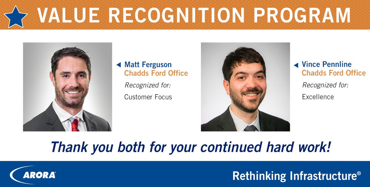 aroraengineers's tweet photo. @aroraengineers would like to congratulate Matthew Ferguson, #MarketingManager, and Vincent Pennline, Sr. #BIM/#CAD #Technician, for being our latest #AroraValues honorees demonstrating #CustomerFocus and #Excellence. Thank you both for your constant #dedication to #Arora! π https://t.co/Gya4Shyzmc