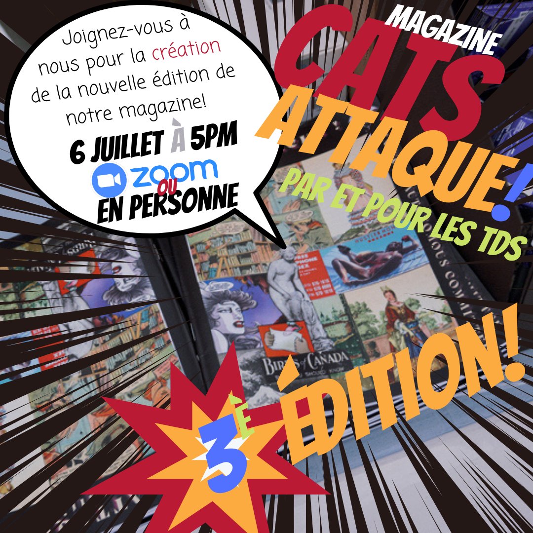 CatsMtl's tweet photo. 💥💥Rencontre de planif du Magazine CATS Attaque 💥

👉6 juillet à 17h
👉En personne et sur zoom
👉 Par et pour les TDS

📨DM pour plus d'info ! https://t.co/DefhkdTpZ7