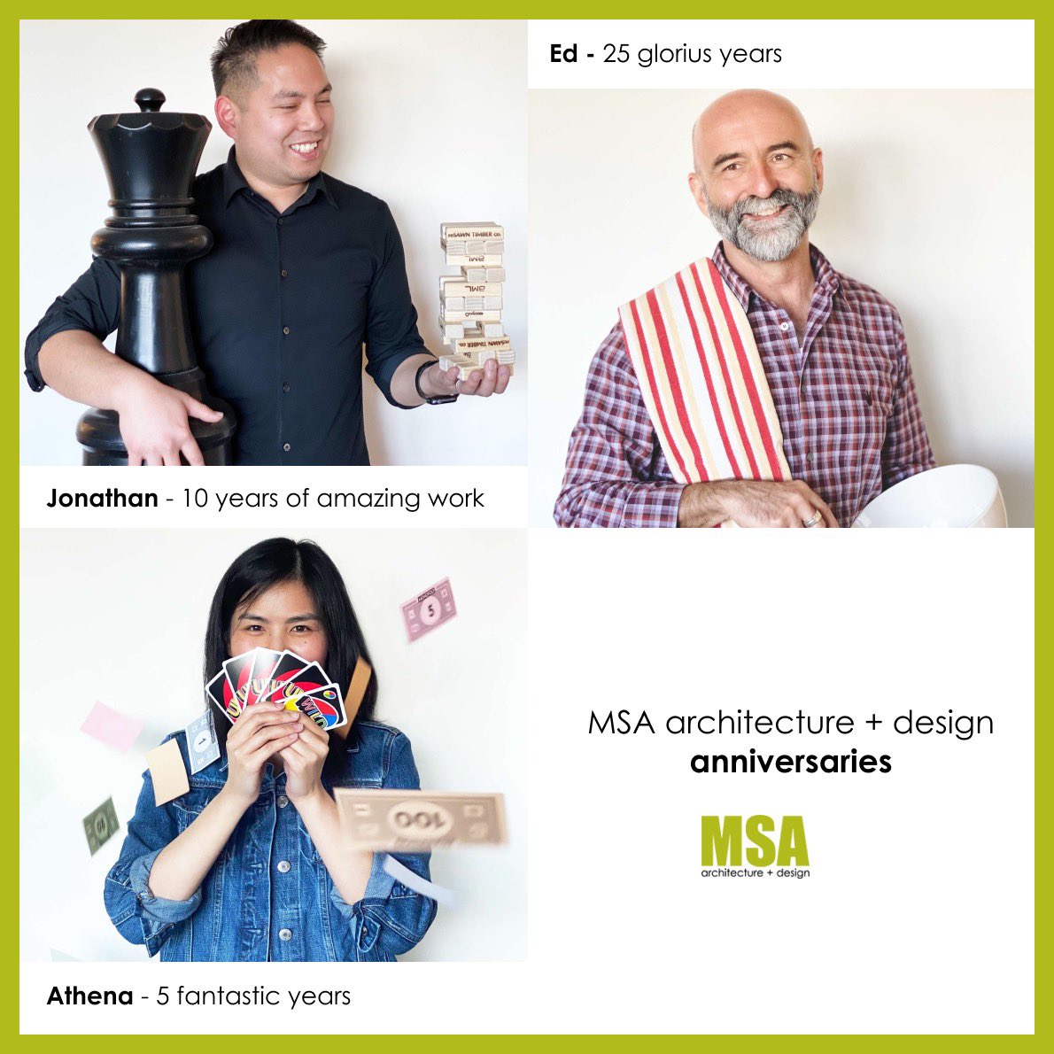 In the month of June three of our colleagues are celebrating their anniversaries and we want to take a moment to appreciate the work and time of Ed, Jonathan and Athena. We are beyond grateful to have you as part of the MSA family! 
#teamculture #anniversary