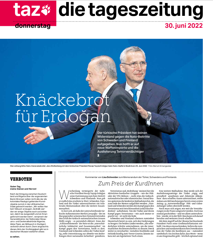 BoekJulia's tweet photo. #Schwarzbrot oder #Knäcke? #Erdogan hat gepokert und gewonnen. Doch was eigentlich? #tazeins über die neuen #Natokandiaten #Schweden und #Finnland. Mit Texten von @reinerwandler @reinhard_w @frau_tri
 Barbara Oertel und Hansjürgen Mai @tazgezwitscher https://t.co/qhPUkMhPL7