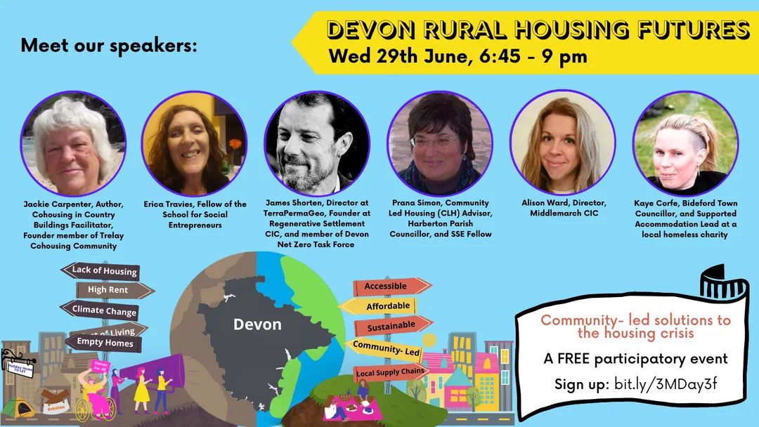 Starting soon! Hear from speakers with experience in community led housing and other solutions to the rural housing crisis.

Help create a vision and share ideas and actions for a sustainable future for housing in Devon! 

Find out more and sign up FREE:
newprosperitydevon.org/devon-rural-ho…