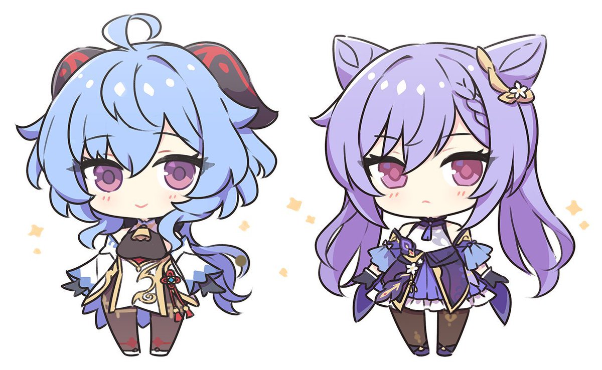 ganyu (genshin impact) ,keqing (genshin impact) multiple girls 2girls chibi purple hair blue hair horns purple eyes  illustration images