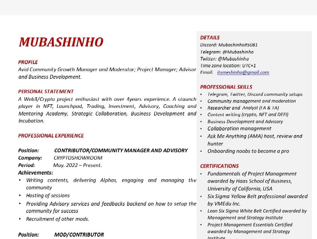 Web3 CV/Résumé🧵 Most common web3 non-technical roles are community manager  and moderator. As an experienced person in this space, I can draft/revamp  your CV for you to communicate value in the Crypto/Web3/Defi