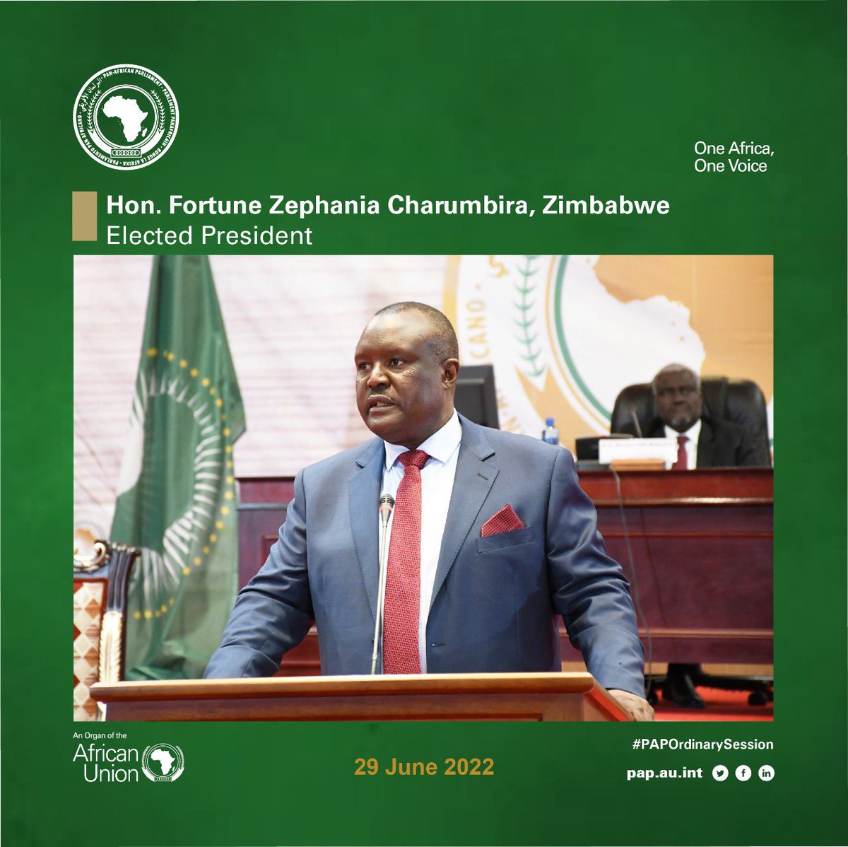 AfrikParliament's tweet photo. Hon. Senator Fortune Charumbira has been elected as the president of Pan-African parliament. Elections are currently taking place in Midrand 

#PanAfricanParliament https://t.co/huVLkNlQtr
