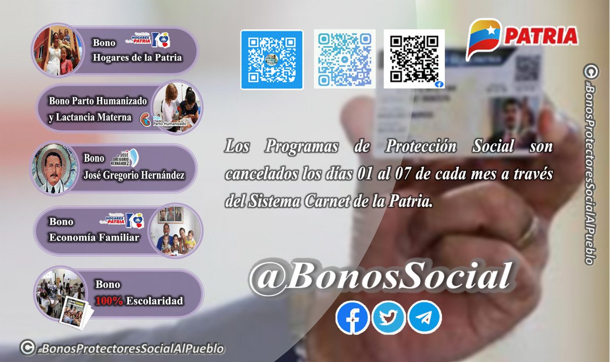 📢 #RECUERDA: Que los Programas de Protección Social a través del #SistemaPatria son cancelados los primeros 7 días de cada mes.

#HogaresDeLaPatria
#EconomíaFamiliar
💯% #Escolaridad
#PartoHumanizado y #LactanciaMaterna
#JoséGregorioHernández 

<a href="/BonosSocial/">Bonos Protectores Social Al Pueblo</a> 
#NerviosDeAcero