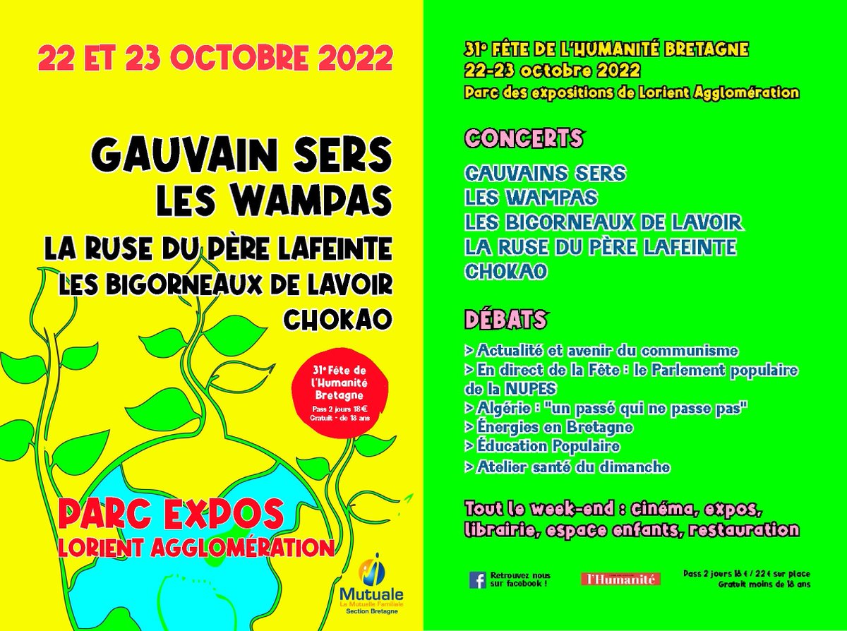 31ème Fête de l'Humanité #Bretagne les 22 & 23 octobre 2022 avec @GauvainSers @Les_Wampas au Parc des Expos #Lorient avec Débats, Expos, Cinéma, Restauration, Librairie Gratuit pour les moins de 18 ans #fetedelhuma #NUPES @humanite_fr @FetedelHumanite  @Fabien_Roussel