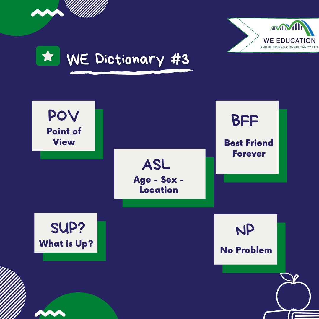 we_education_uk's tweet photo. #WeDictionary serimizin 3.'sü ile karşınızdayız! Sizler için bu sefer de sosyal medyadaki en popüler kısaltmaları hazırladık! 😍 

🔹 POV: Bakış Açısı
🔹 BFF: Sonsuza kadar en iyi arkadaşlar!
🔹 ASL: Yaş - Cinsiyet - Lokasyon
🔹 SUP?: Nasılsın?
🔹 NP: Problem Yok

#WeEducation https://t.co/sCgWNGovFB