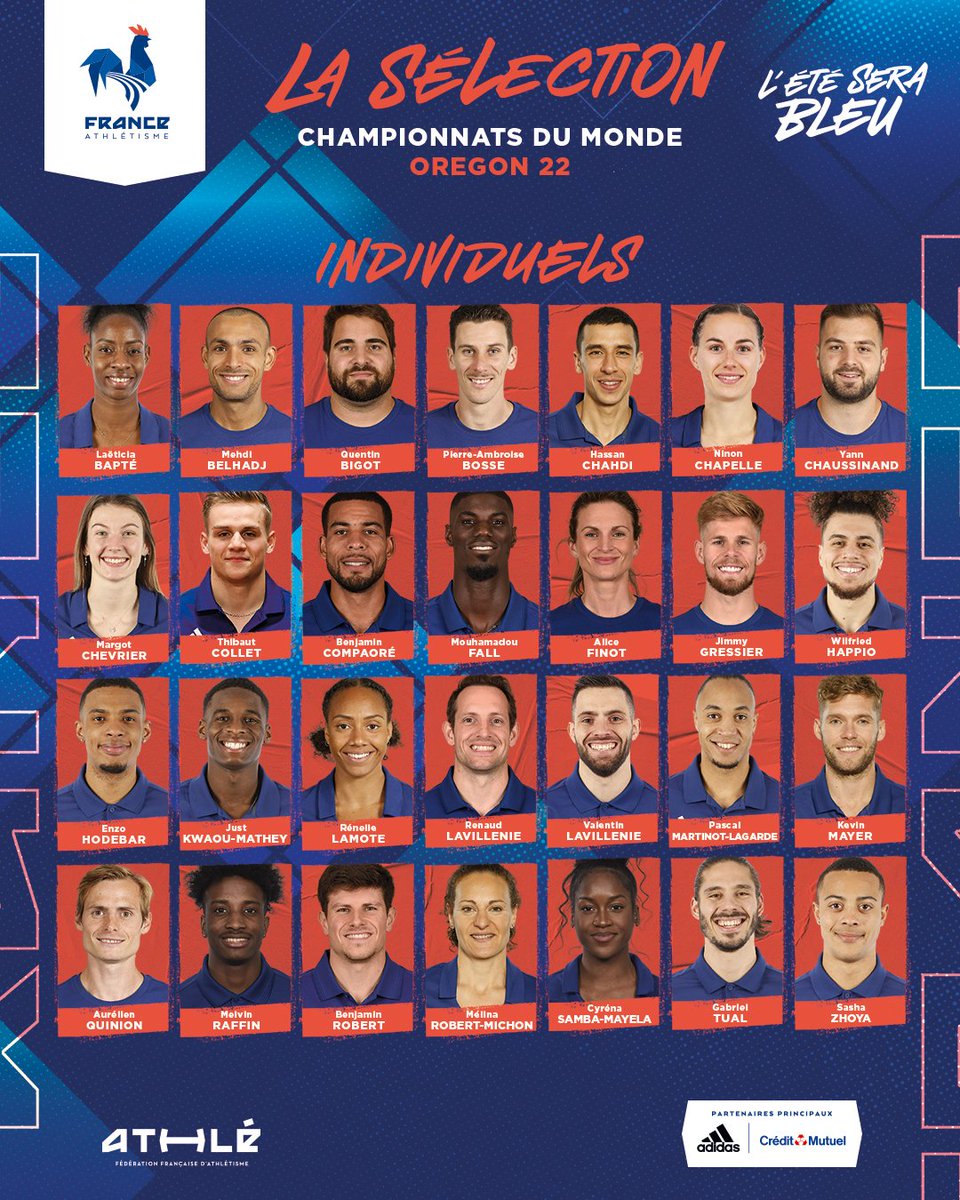FFAthletisme's tweet photo. 🇫🇷 Voici la sélection française pour les 𝗖𝗵𝗮𝗺𝗽𝗶𝗼𝗻𝗻𝗮𝘁𝘀 𝗱𝘂 𝗺𝗼𝗻𝗱𝗲 𝗢𝗿𝗲𝗴𝗼𝗻 𝟮𝟮, qui auront lieu à Eugene (🇺🇸 États-Unis) du 15 au 24 juillet.

👉 Détail et fiches athlètes : https://t.co/z8AesIprlt

📢 #WorldAthleticsChamps https://t.co/LnDurz3cAd