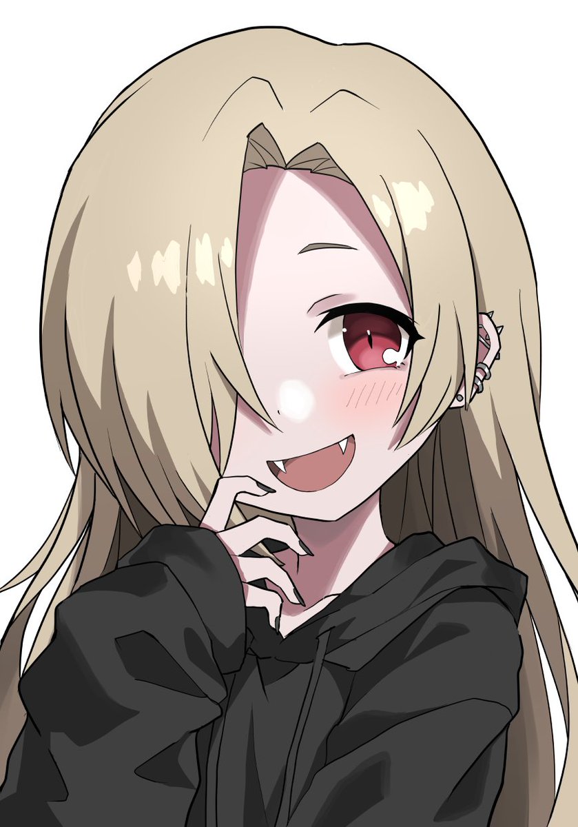 shirasaka koume 1girl solo fangs hood hoodie alternate hair length red eyes  illustration images