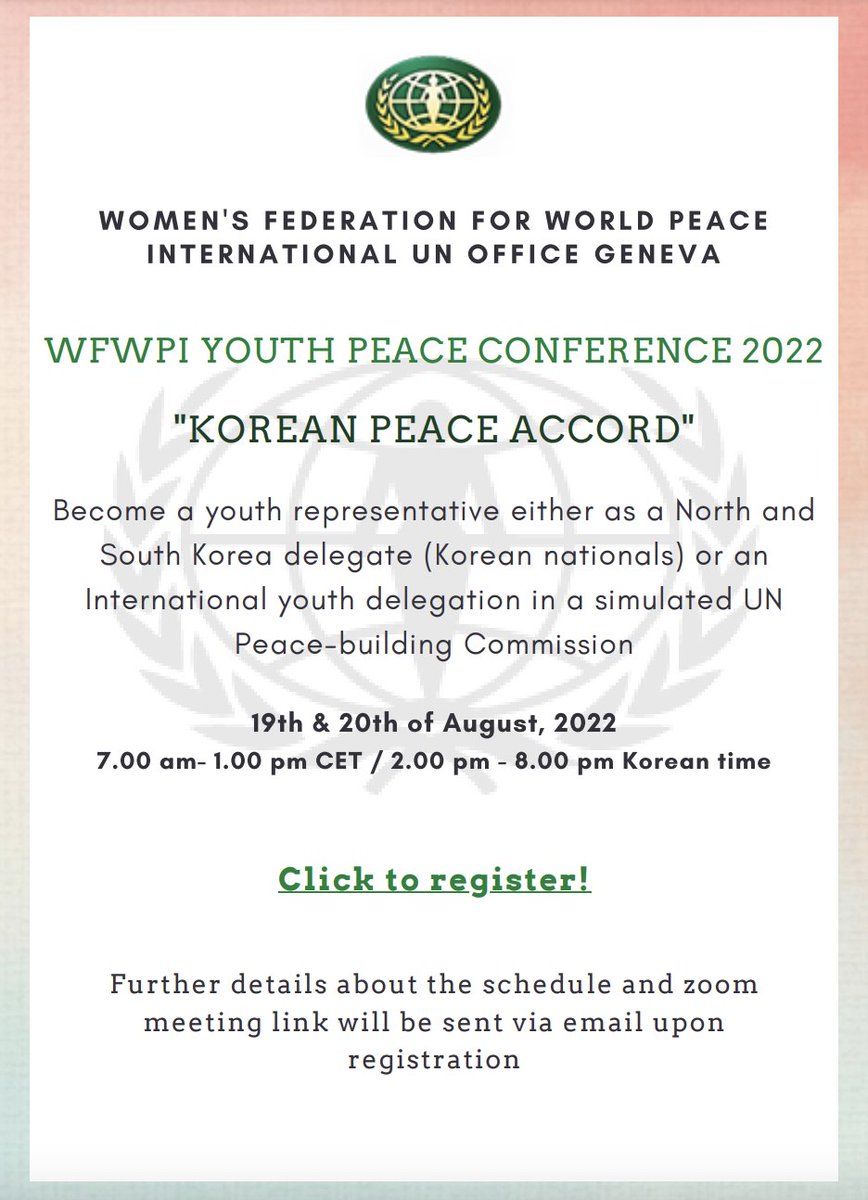 We want you to be a part of the Youth Peace Conference 2022! Become a youth representative in a simulated UN Peace-building Commission to help achieve a Peace Accord! August 19-20, 2022 7 AM-1 PM CET / 2 PM-8 PM KST Apply by July 15: forms.gle/Wmiq8rFcKxqHiB…