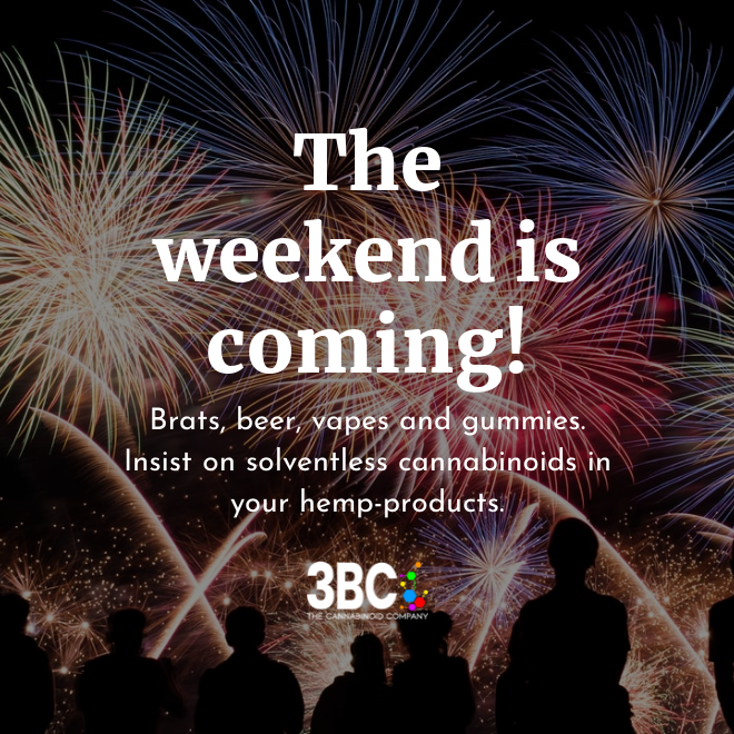 3BC_Cannabinoid's tweet photo. Planning for the big holiday weekend?  Consider enjoying gummies or vapes made with SOLVENT-FREE cannabinoids from 3BC.  

https://t.co/c7OYHpuUZd

#3BC  #solventfree  #July4 https://t.co/Uj7jzUxgfw