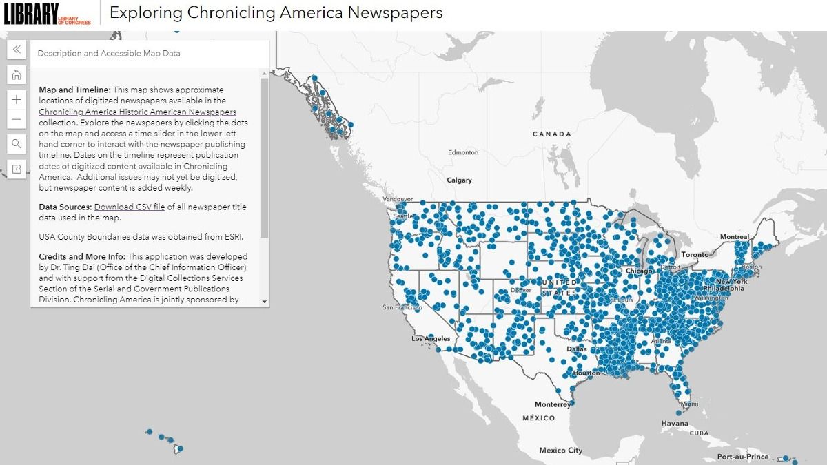A new interactive map of all digitized titles in #ChronAm is now live! Explore the collection’s newspapers based on their location on the map or access the timeline to interact with the titles published between 1777-1963. loc.maps.arcgis.com/apps/instant/m…