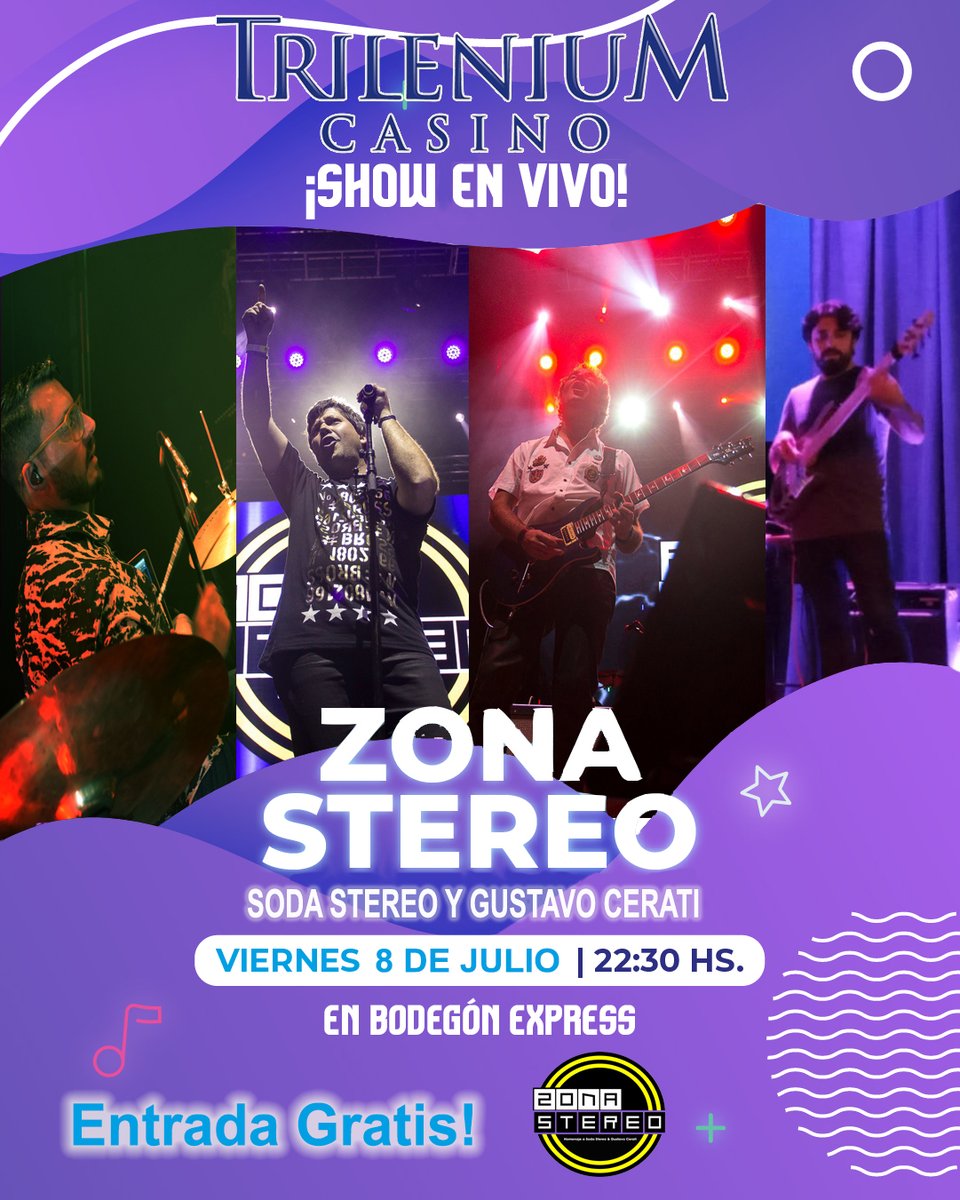 Zona_Stereo's tweet photo. Hola Queremos contarles que la gente de Casino Trilenium vuelve a convocarnos para este Viernes 8 de Julio, y con entrada "gratuita", es por eso que los invitamos a todos a que vengan a divertirse y pasar una noche a puro Soda! 👏👏 https://t.co/mSuU1swpEy