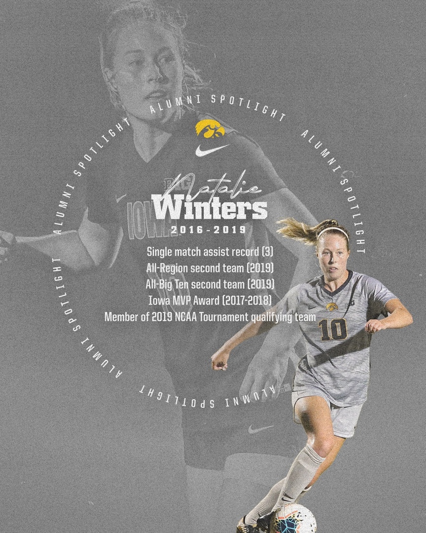 HawkeyeSoccer's tweet photo. 𝓐𝓵𝓾𝓶𝓷𝓲 𝓢𝓹𝓸𝓽𝓵𝓲𝓰𝓱𝓽
 
Natalie Winters was a crucial member of our 2019 NCAA Tournament qualifying team!

Winters, a 3X All-Big Ten honoree, owns the Iowa single match assist record (3) and also made the Big Ten All-Freshman team in 2016.

#Hawkeyes | #FightForIowa https://t.co/qWtCMZXz4I