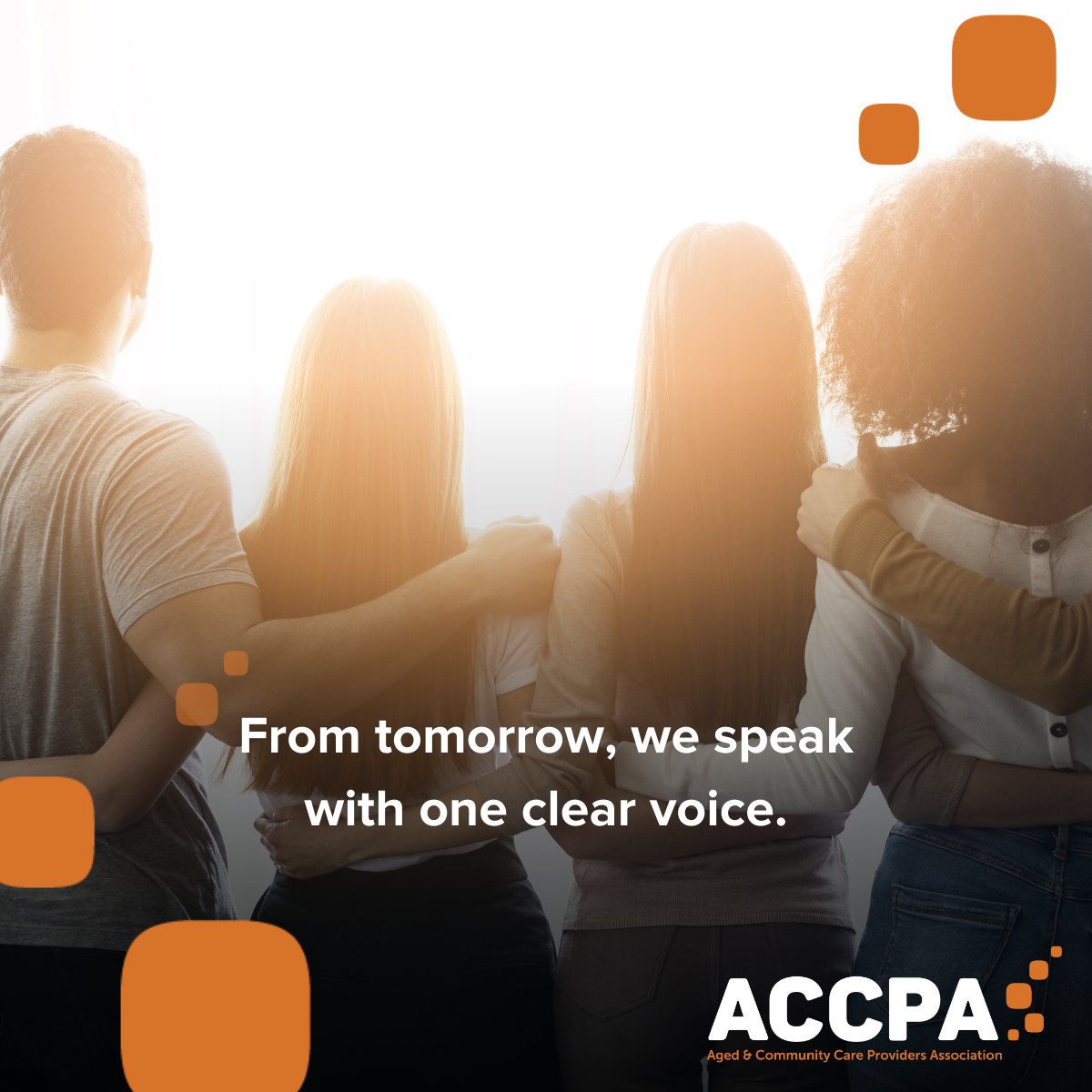 From tomorrow 1 July, we speak with one clear, loud voice, to achieve transformational change in #agedcare, through the new ACCPA.   
Follow this new voice here: @ACCPAAustralia