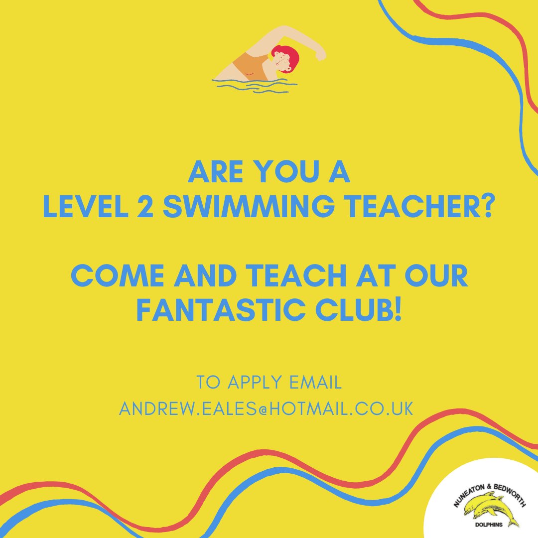 We're looking for Level 2 Swimming Teachers! Our club is growing and we need great teachers to support our young Dolphins. If you're interested, please get in touch with Andy on andrew.eales@hotmail.co.uk with your application. #swimmingteacher #swimminglessons