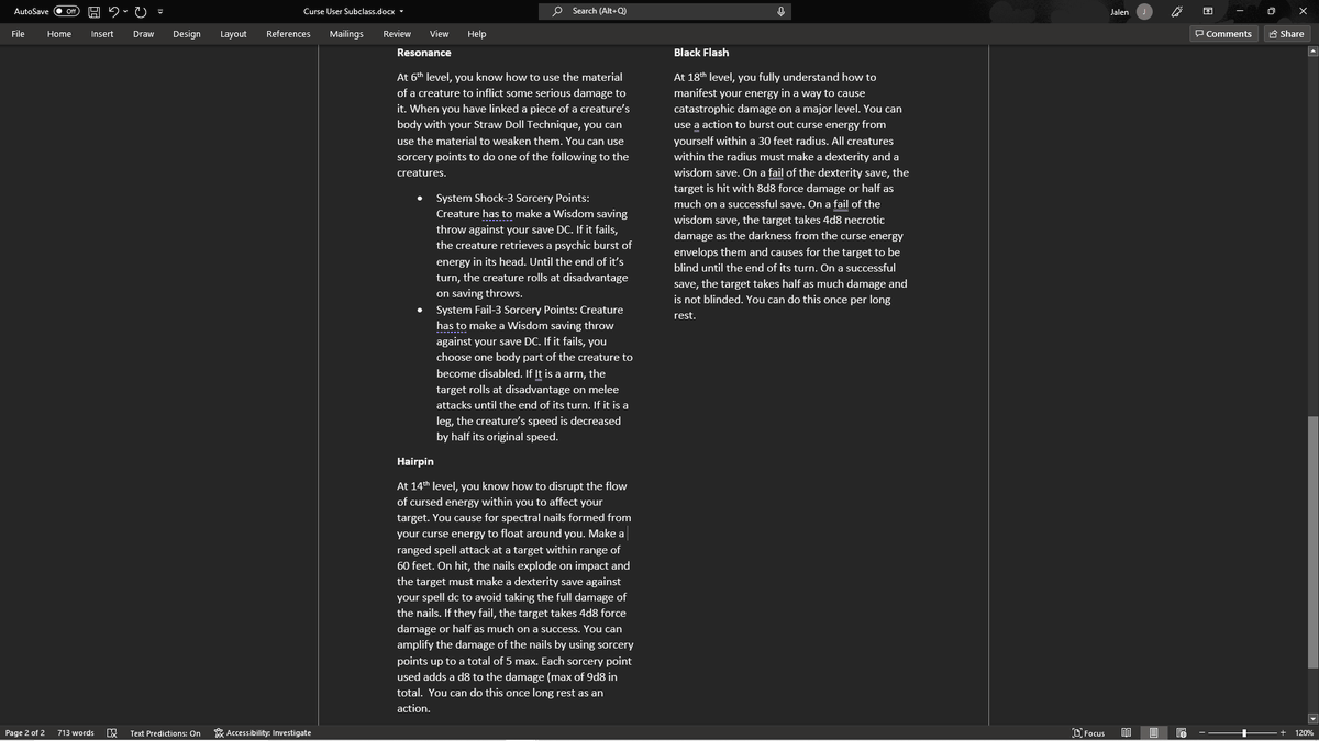 OtterlyFriend's tweet photo. I will post another Duke or Duchess from Hoshido tomorrow from my campaign! Until then, here is a rough draft subclass of Nobara from Jujustu Kaisen! Still editing to make it balanced! (Also, excuse any spelling errors, if any)
 #dnd5e #JujustuKaisen #homebrew https://t.co/Wat8lUdpzX