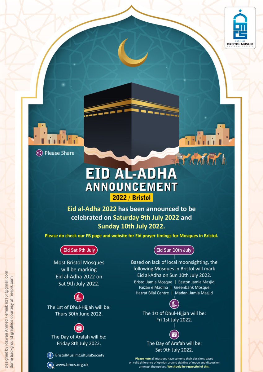 Bristol Eid Announcement - Eid Al- Adha 2022 / 1443 AH is Announced to be Sat 9th and Sun 10th July.

bmcs.org.uk/bristol-eid-al…