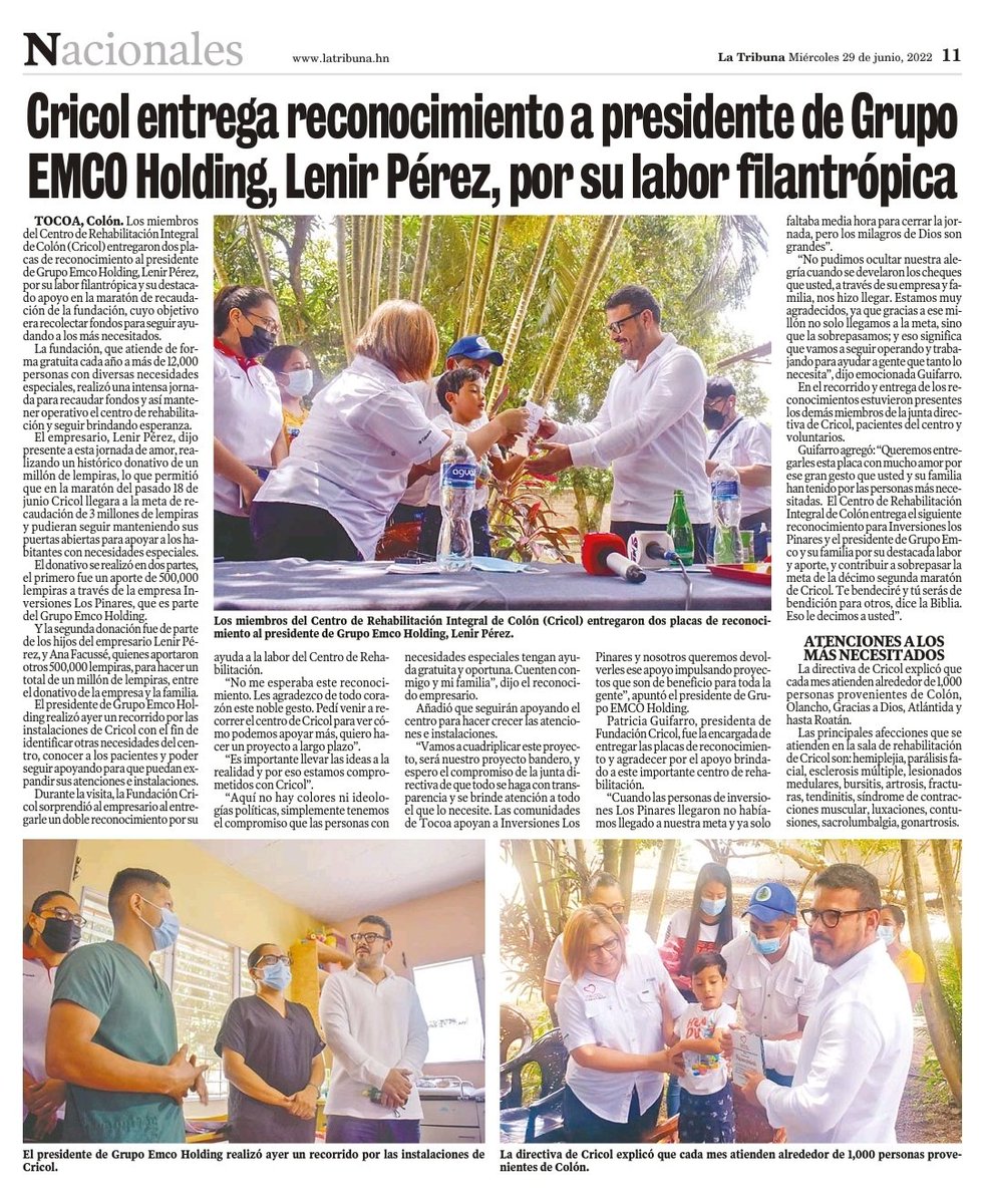 Mi compromiso es total con la Fundación Cricol y su noble labor de atención gratuita a personas con necesidades especiales de Tocoa, Sabá y Trujillo.

Vamos a ampliar sus instalaciones, aumentar su capacidad de atención y asegurarnos que nunca vuelva a peligrar su gran labor.