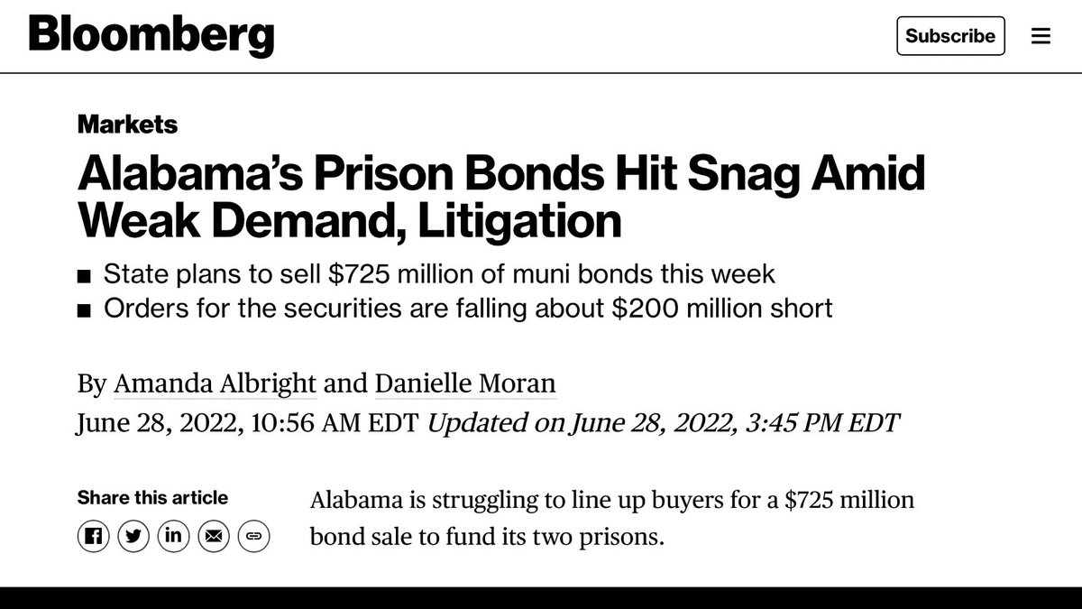 .<a href="/WellsFargo/">Wells Fargo</a> <a href="/RaymondJames/">Raymond James</a> <a href="/askRegions/">Regions Bank</a> it's time you pull out of this deal &amp; commit to not investing in mass incarceration. New prison construction in #Alabama has been a moral &amp; financial failure from the beginning. #NoMorePrisons <a href="/CommsNotPrisons/">Communities Not Prisons</a>
bloomberg.com/news/articles/…
