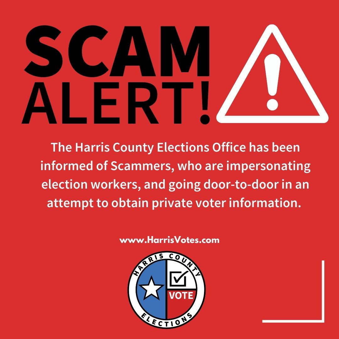 HarrisVotes's tweet photo. 🚨 Harris County Elections has been informed of a scam in Sunnyside.
☎️ Residents should give our office a call at 713-755-6965 if they have any questions or want to verify if someone actually works for Harris County Elections. 
#ScamAlert #YourVoteYourVoice #HarrisVotes https://t.co/7VeZDhILoU