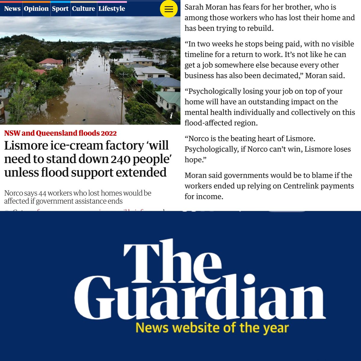 People in Lismore are still homeless, now they will lose their employment too.

<a href="/AlboMP/">Anthony Albanese</a> <a href="/Bowenchris/">Chris Bowen</a> must do what’s right for Lismore.

I spoke to The Guardian about my brother losing his home and now his job.

#jobkeeper?

Norco = North Coast Co-operative

theguardian.com/australia-news…