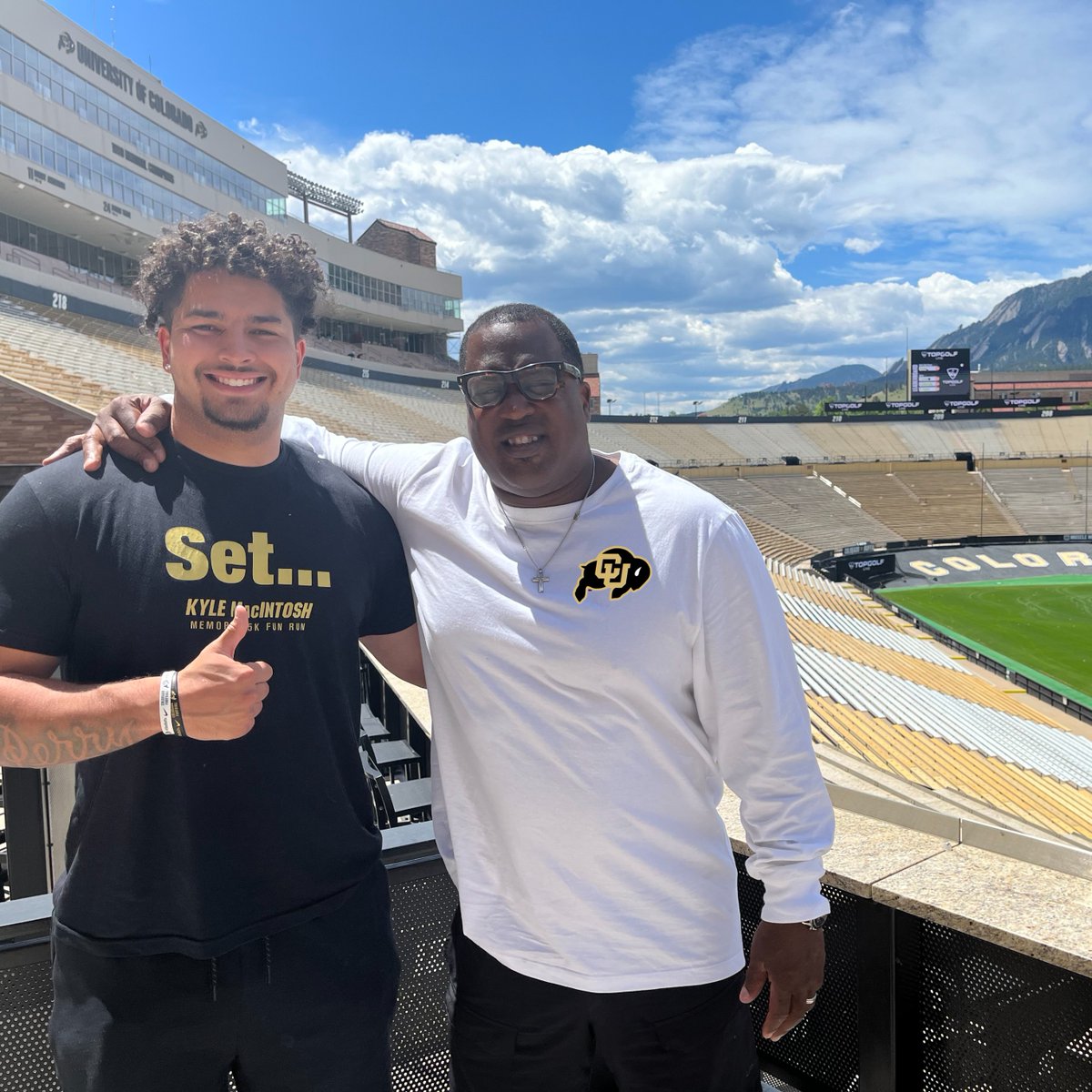 AlumniCClub's tweet photo. Welcoming back our CU Hall of Famer Chris Hudson! It's always great to see Buffs legends coming back to roam in Boulder. Big thanks to @qperry6 for spending time with Chris. #SuccessofThePast #PromiseofTheFuture @CUBuffsFootball https://t.co/WEm3LISKrg