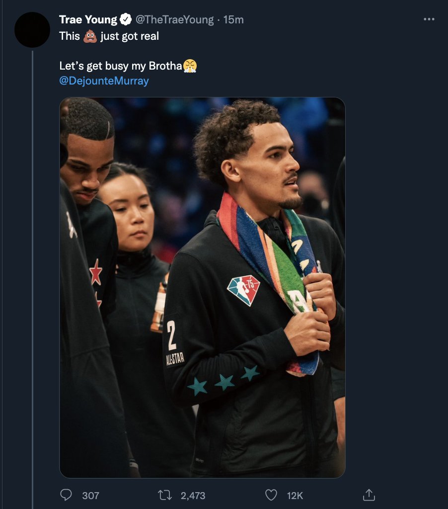 ClutchPoints's tweet photo. "This 💩 just got real"

Trae Young is HYPED about teaming up with Dejounte Murray on the Hawks 🔥 https://t.co/b28Ntp7j8A
