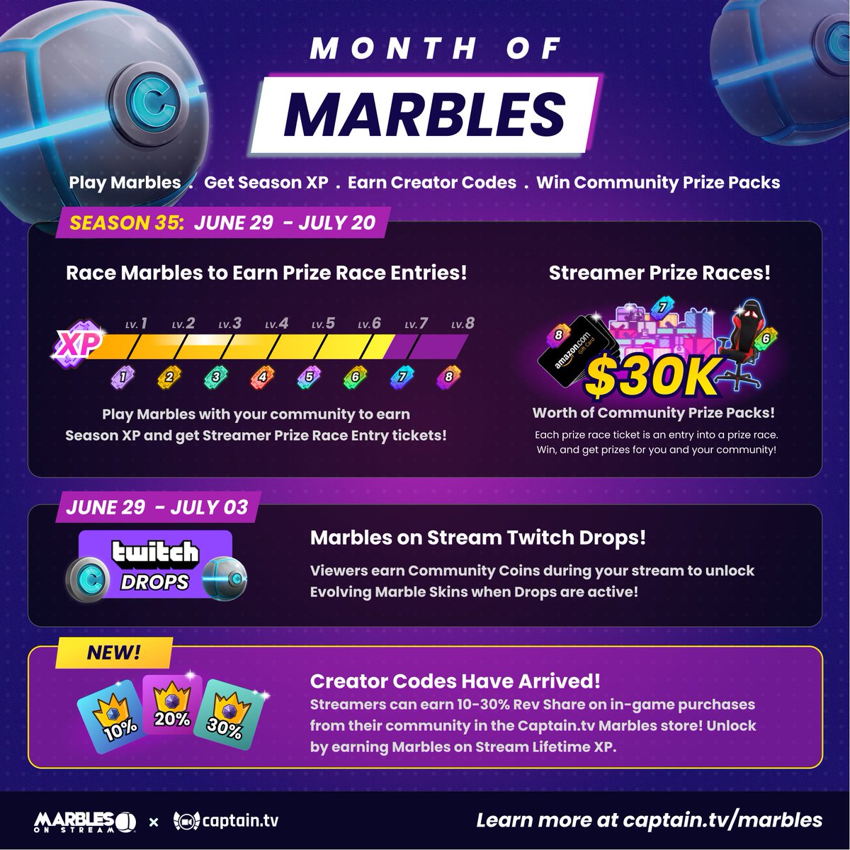 PyumaTv's tweet image. I am teaming up with @PixelbyPixelStu and @StreamCaptainTV for my first ever sponsored stream! Come play Marbles on Stream with us WE'RE LIVE NOW! They're big supporters for streamers, bringing to the table Creator Codes and $30k in Community Prize Packs. #AD