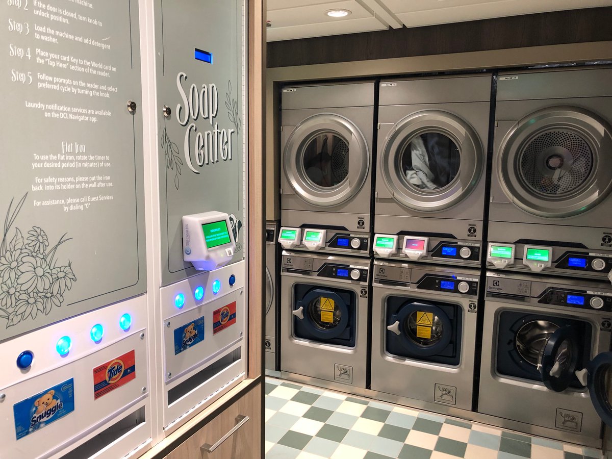 deckchairblog's tweet photo. I never thought I’d be excited about a shipboard self-service laundrette. While many cruise lines phase these out, the one on Deck 8 fwd aboard #DisneyWish is absolutely striking. @DisneyCruise @CruiseCritic https://t.co/jGkLRhnVou