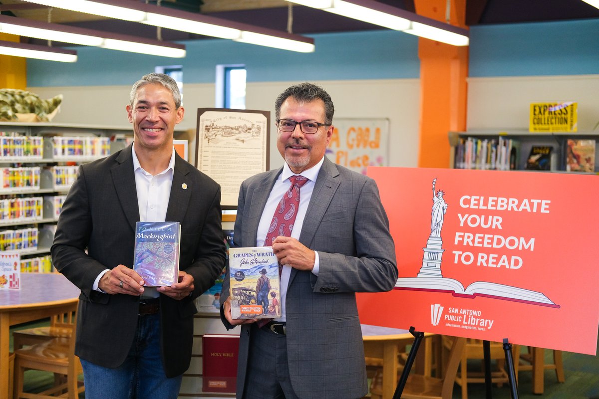 Ron_Nirenberg's tweet photo. City Council adopted a resolution in May to demonstrate the City of San Antonio’s unwavering support for our library system and what it represents.

Although book challenges and bans continue to spread throughout the United States, we celebrate our freedom to read with @mysapl. https://t.co/2TQiOt5Un9
