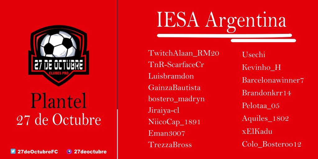 27 de Octubre (@27deoctubrefc) on Twitter photo Presentación del plantel con el que competiremos en la temporada #20 de <a href="/IESAFIFAar/">IESA Argentina</a> Presentación del plantel con el que competiremos en la temporada #20 de <a href="/IESAFIFAar/">IESA Argentina</a>
