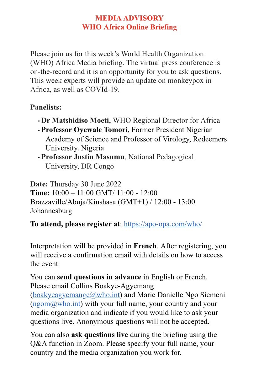 JustinMasumu's tweet photo. 🇫🇷POINT DE PRESSE OMS AFRIQUE 
Dernières nouvelles sur Monkeypox et COVID-19 en Afrique

30 Juin 2022 / 11h00

🇺🇸 WHO AFRICA PRESS BRIEFING
Latest on Monkeypox and COVID-19 in Africa

June 30th 2022 / 11:00 a.m https://t.co/cElglN6SiH