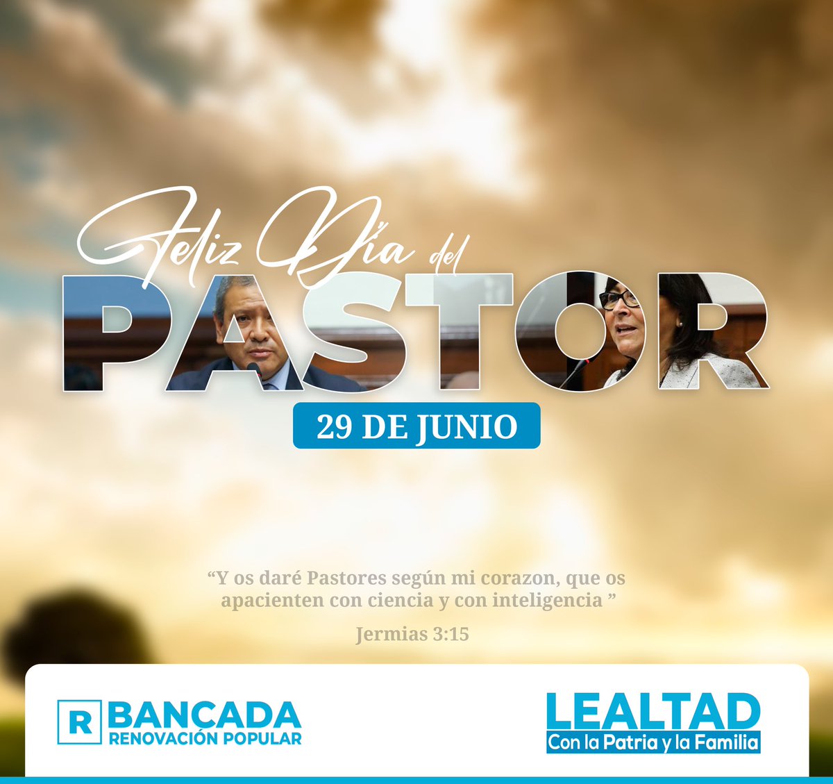 BancadaHD's tweet photo. En esta fecha tan importante, saludamos a los pastores en su día, en especial a nuestros pastores y congresistas, @MJAguayo63 y @javierpadilla , que su corazón, inteligencia y amor por Dios nos conduzca hacia un mejor país. 

#BancadaCeleste https://t.co/xzcDTs8UzO