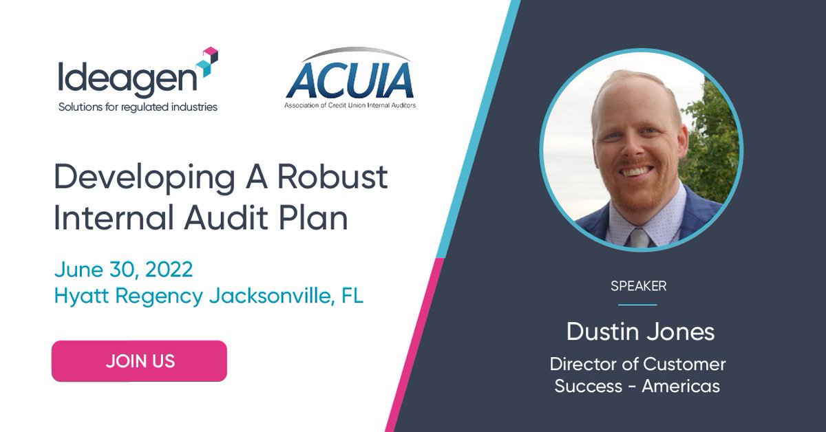 DRSIdeagen's tweet photo. Dustin Jones will be speaking tomorrow at the #ACUIA Annual Conference about how to develop a robust Internal Audit Plan.
@Ideagen_Plc will be exhibiting until July 1, 2022, come and say hi! 👉 https://t.co/nm5poty5Kl
#InternalAudit #WeAreIdeagen https://t.co/JWWR2xsE2G