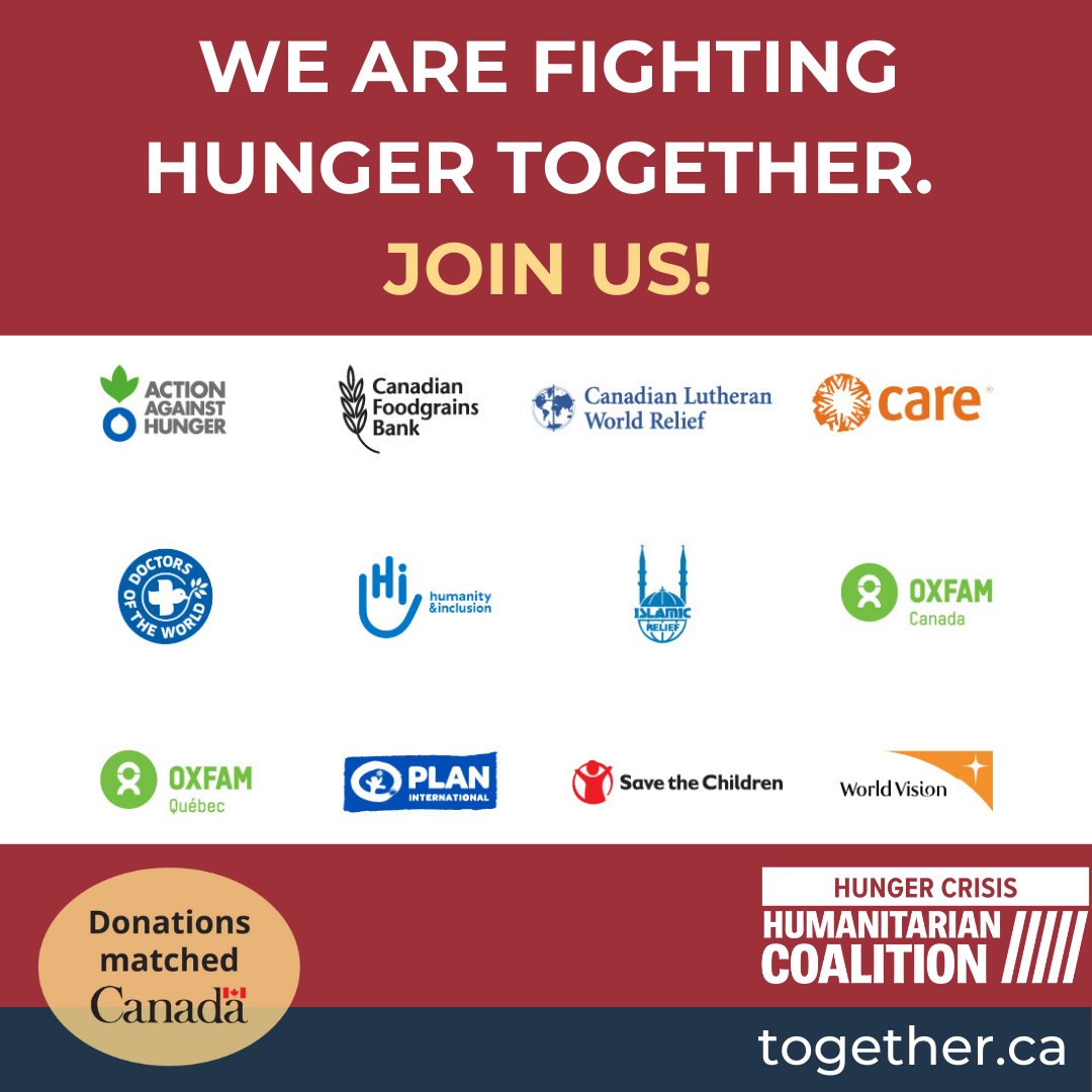 🫶 We are the Humanitarian Coalition – Canadian charities that collaborate to respond to humanitarian disasters, and we are fighting #hunger together. Join us! Donations will be matched (x2) by @CanadaDev until July 17 🇨🇦 #TogehterAgainstHunger ➡️Donate: Together.ca