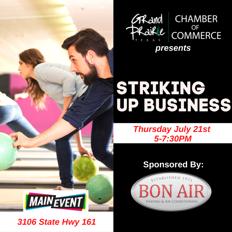 Grab your bowling shoes! Join us July 21st from 5-7PM at Main Event for some friendly competition and networking! Registration is required and teams of 3 are limited, so sign up today to reserve your spot! grandprairiechamber.org/events/details…
