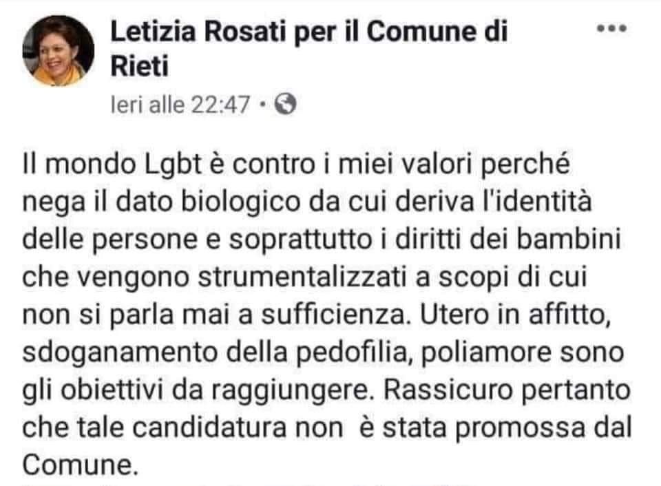 LAZIO PRIDE: RIETI, NOMINATA ASSESSORA OMOFOBA. PARAGONÒ LE NOSTRE RIVENDICAZIONI LGBT+ ALLO SDOGANAMENTO DELLA PEDOFILIA

laziopride.com/lazio-pride-ri…