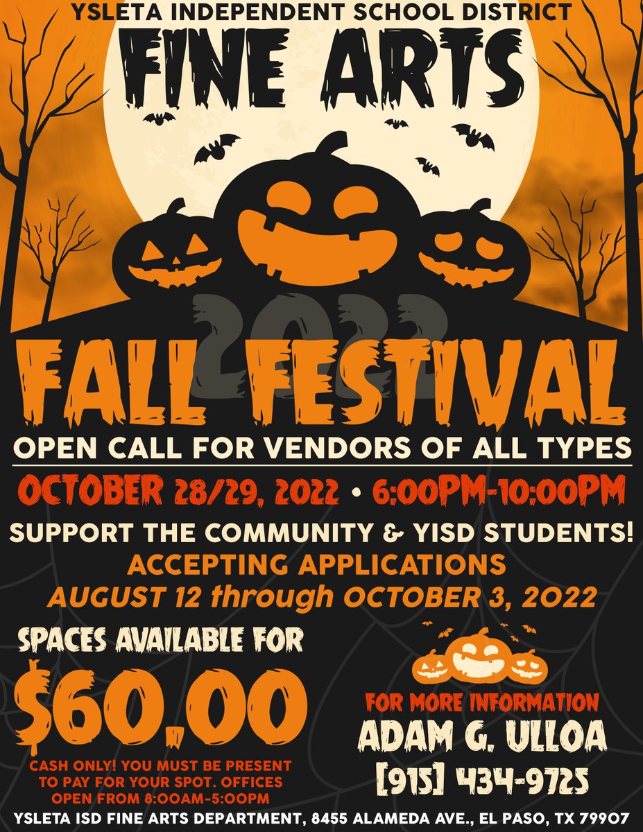 YsletaISD Fine Arts (@yisdfinearts) on Twitter photo ATTENTION EL PASO VENDORS! The 2022 <a href="/YsletaISD/">Ysleta ISD</a> Elementary School Fine Arts Fall Festival is coming up! Reservations for spaces will begin on August 12, 2022. Please contact us for more info! ATTENTION EL PASO VENDORS! The 2022 <a href="/YsletaISD/">Ysleta ISD</a> Elementary School Fine Arts Fall Festival is coming up! Reservations for spaces will begin on August 12, 2022. Please contact us for more info!