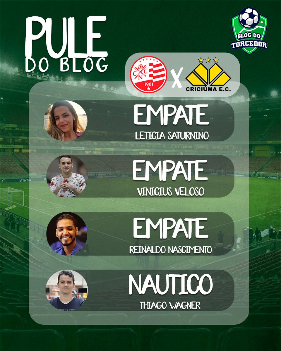 blogdotorcedor's tweet photo. ⚽ PALPITES NA ÁREA! Hoje é dia de Náutico e Criciúma pelo Campeonato Brasileiro da Série B e, nossa equipe já separou os palpites para o confronto!
Qual seu palpite para este jogo, torcedor?
#puledoblog #nautico #criciuma #futebolbrasileiro #rn #NAUxCRI https://t.co/TTEv6JL2hX