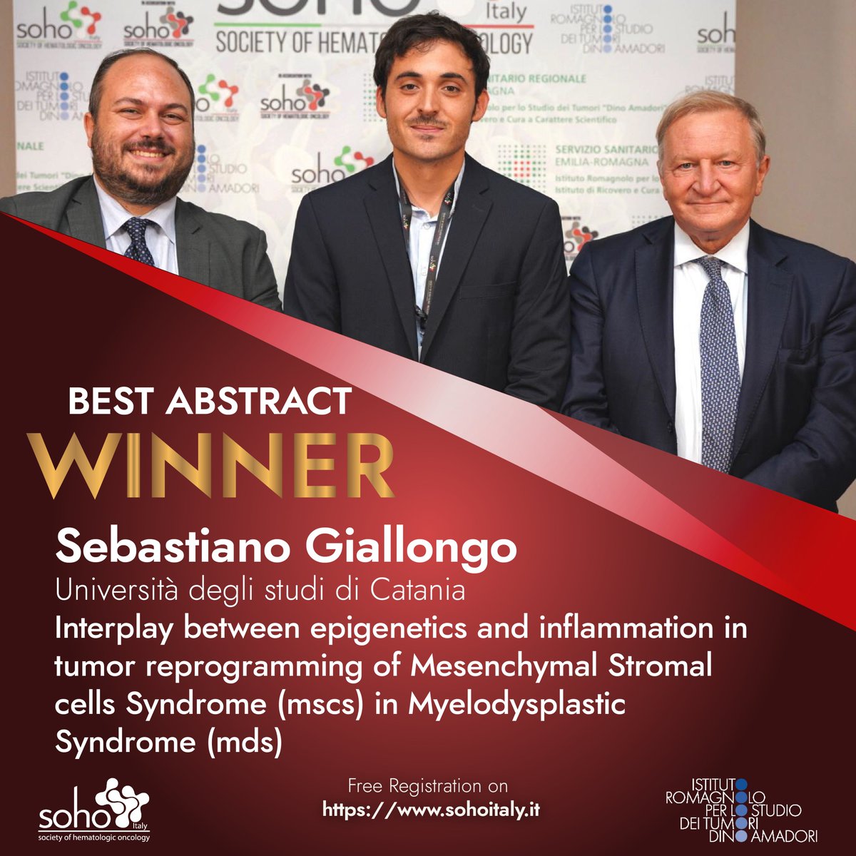 sohoitaly's tweet photo. Congratulations to the winner of the Best Abstract Award of the 2nd School of Acute Leukemia: Sebastiano Giallongo with the paper Interplay between epigenetics and inflammation in tumor reprogramming of Mesenchymal Stromal cells Syndrome (mscs) in Myelodysplastic Syndrome (mds) https://t.co/8Pckali9zK