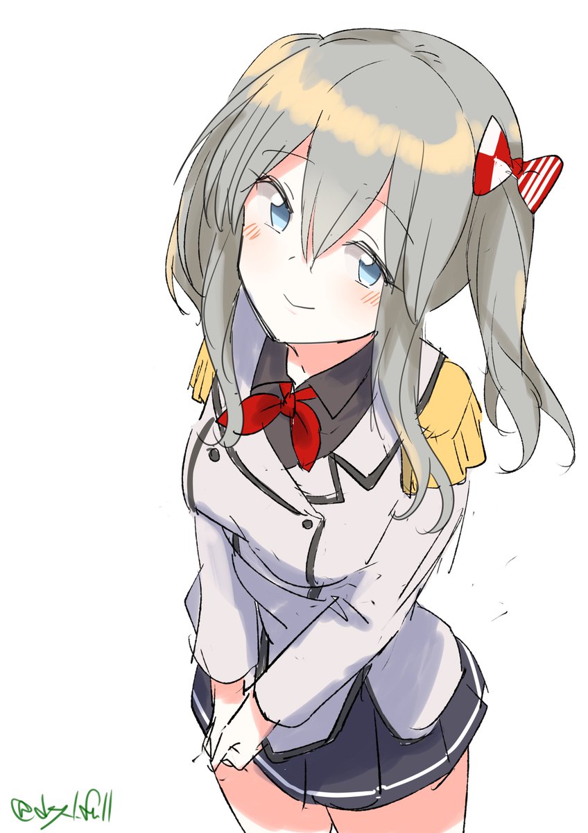 kashima (kancolle) 1girl solo epaulettes skirt twintails grey hair smile  illustration images