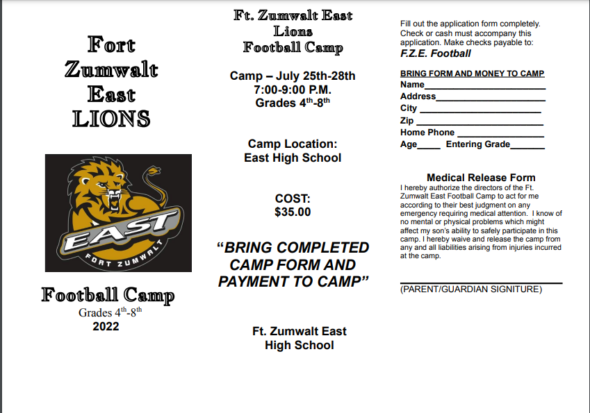 Attention all incoming 4th-8th graders! We will be having our FZE Lions Youth Football Camp from July 25-July 28! Camp will run from 7-9 PM. Cost of camp is $35 and bring a completed camp form. We will see you there! <a href="/fzeactivities/">FZE Activities</a>