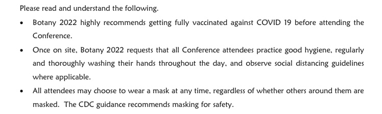 JohannaJantzen's tweet photo. I will not be attending #Botany2022 in person mainly due to the lack of COVID protections. Recommending hand washing for an airborne virus, not requiring masks, and requiring attendees to sign a waiver that you accept the risk of spreading (and contracting) COVID?? https://t.co/GrhQ9FQO4X
